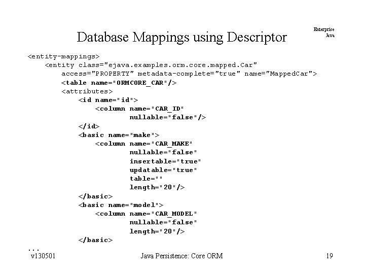 Database Mappings using Descriptor Enterprise Java <entity-mappings> <entity class="ejava. examples. orm. core. mapped. Car"