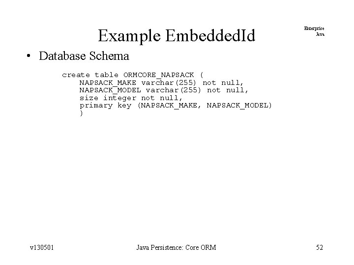 Example Embedded. Id Enterprise Java • Database Schema create table ORMCORE_NAPSACK ( NAPSACK_MAKE varchar(255)