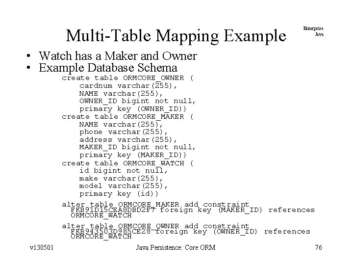 Multi-Table Mapping Example Enterprise Java • Watch has a Maker and Owner • Example