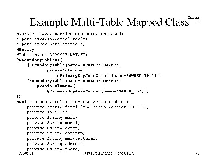 Example Multi-Table Mapped Class Enterprise Java package ejava. examples. orm. core. annotated; import java.