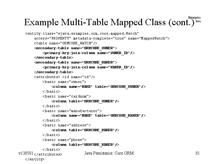 Enterprise Java Example Multi-Table Mapped Class (cont. ) <entity class="ejava. examples. orm. core. mapped.