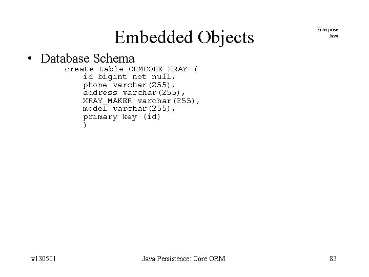 Embedded Objects Enterprise Java • Database Schema create table ORMCORE_XRAY ( id bigint not