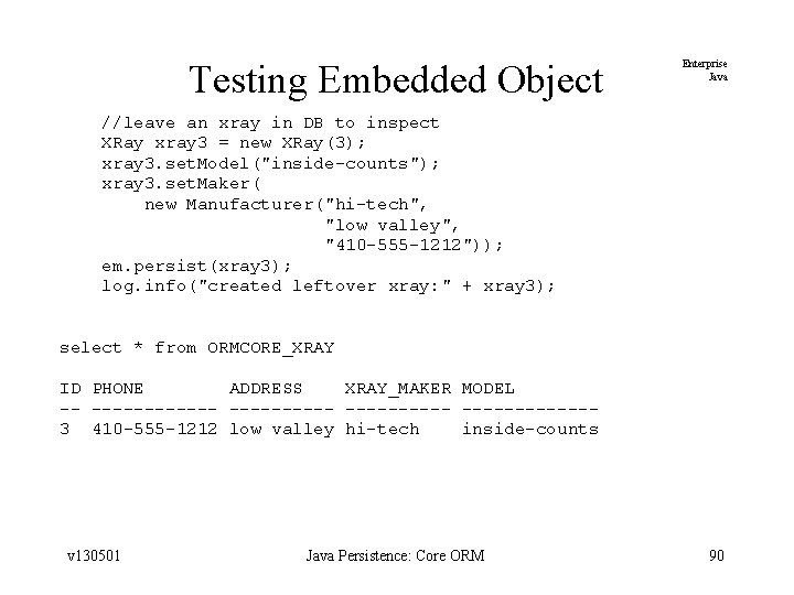 Testing Embedded Object Enterprise Java //leave an xray in DB to inspect XRay xray