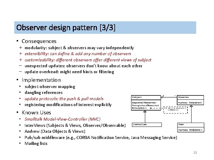 Observer design pattern [3/3] • Consequences + + + – – modularity: subject &