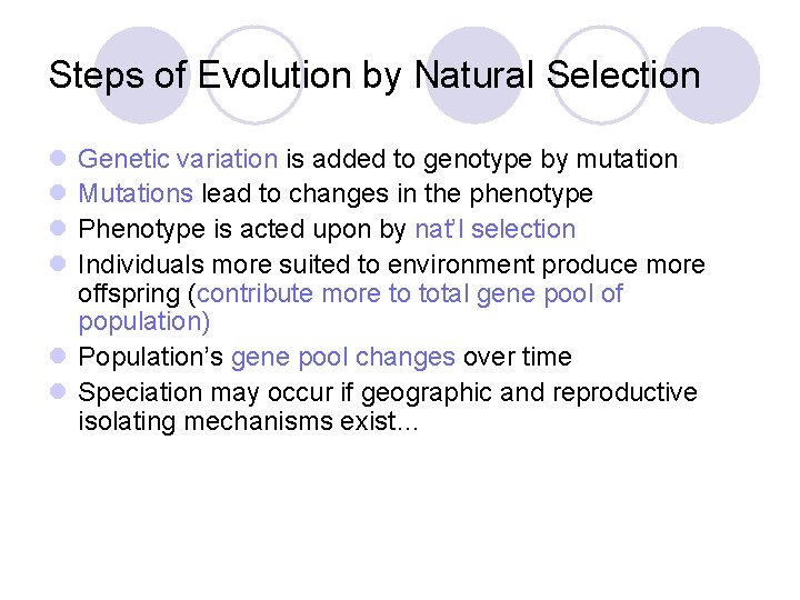Steps of Evolution by Natural Selection l l Genetic variation is added to genotype