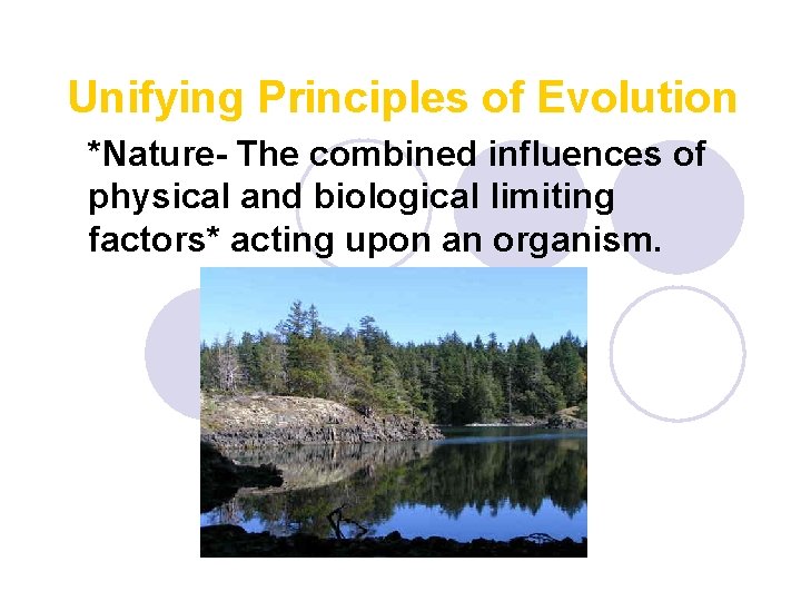 Unifying Principles of Evolution *Nature- The combined influences of physical and biological limiting factors*