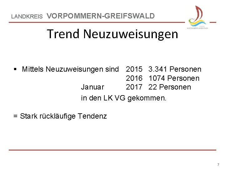 LANDKREIS VORPOMMERN-GREIFSWALD Trend Neuzuweisungen § Mittels Neuzuweisungen sind 2015 3. 341 Personen 2016 1074