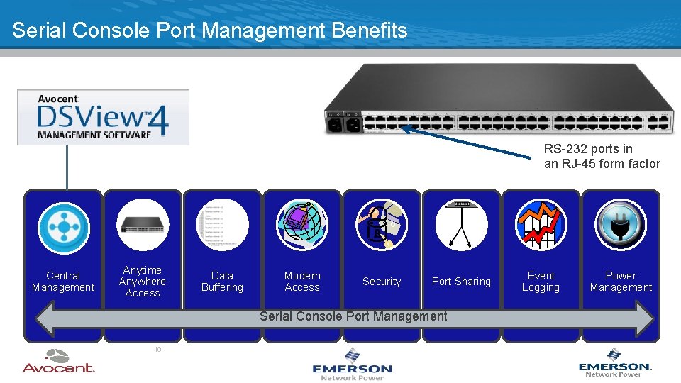 Serial Console Port Management Benefits RS-232 ports in an RJ-45 form factor Central Management