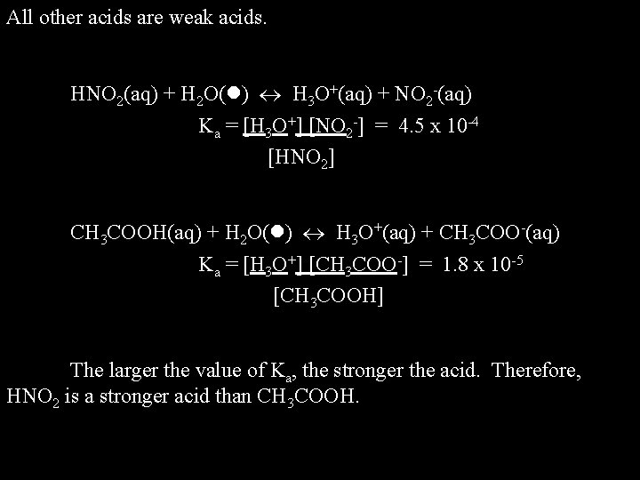 All other acids are weak acids. HNO 2(aq) + H 2 O( ) H