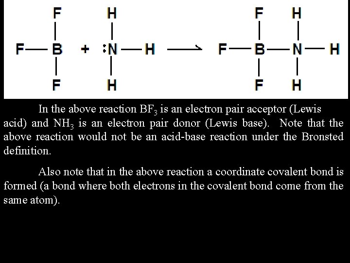 In the above reaction BF 3 is an electron pair acceptor (Lewis acid) and