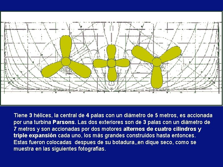 Tiene 3 hélices, la central de 4 palas con un diámetro de 5 metros,