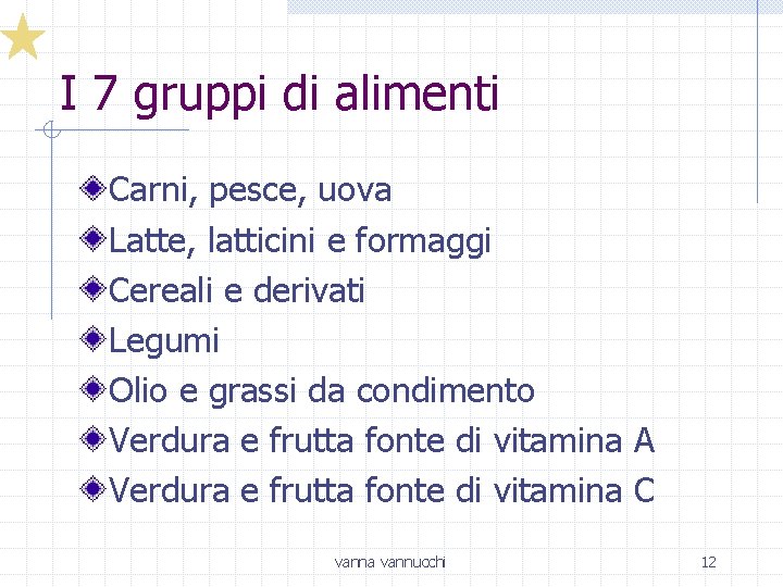 I 7 gruppi di alimenti Carni, pesce, uova Latte, latticini e formaggi Cereali e