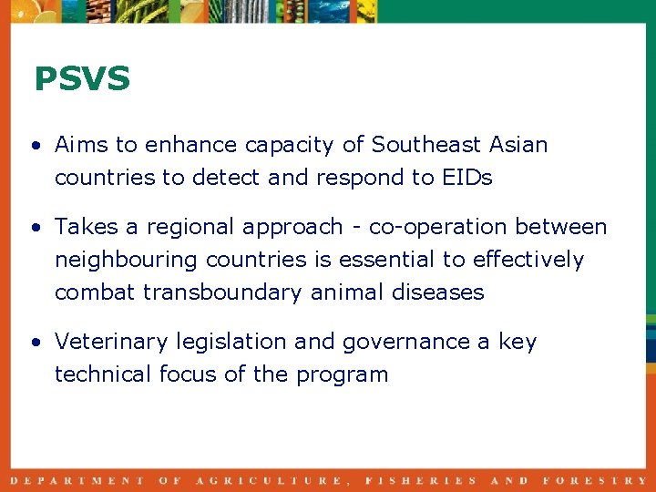 PSVS • Aims to enhance capacity of Southeast Asian countries to detect and respond