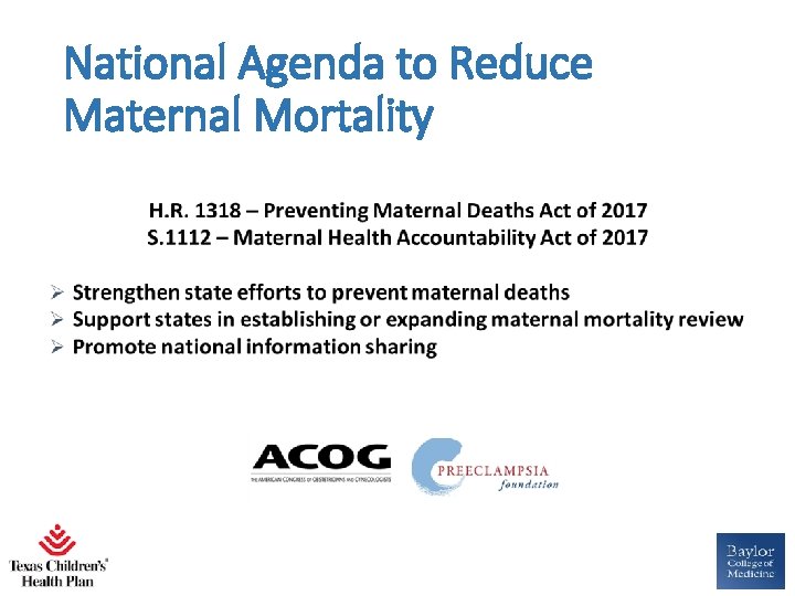 National Agenda to Reduce Maternal Mortality 