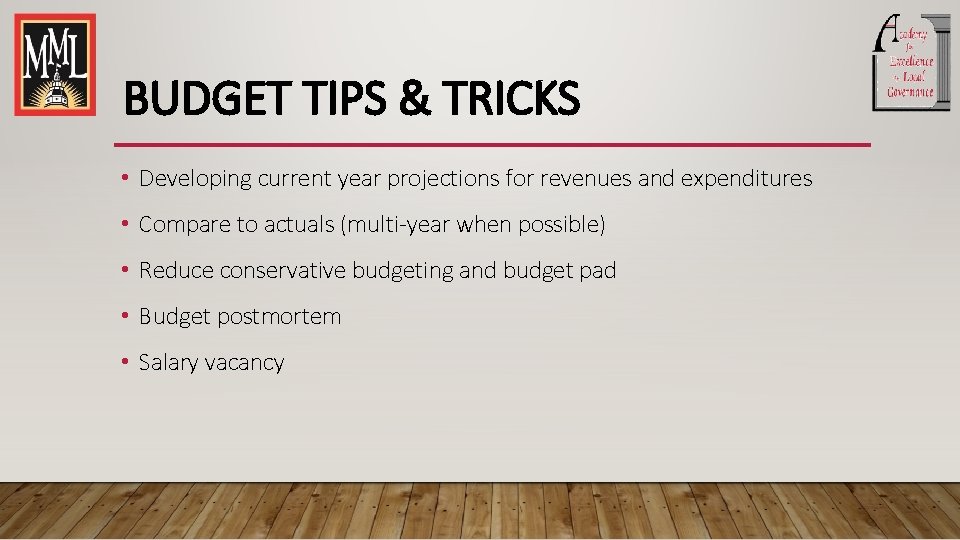 BUDGET TIPS & TRICKS • Developing current year projections for revenues and expenditures •