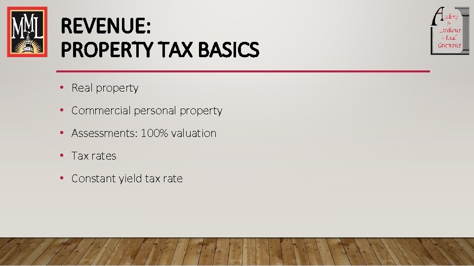 REVENUE: PROPERTY TAX BASICS • Real property • Commercial personal property • Assessments: 100%