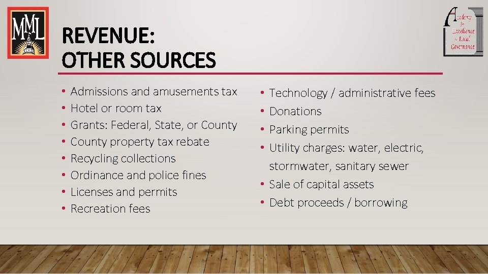 REVENUE: OTHER SOURCES • • Admissions and amusements tax Hotel or room tax Grants: