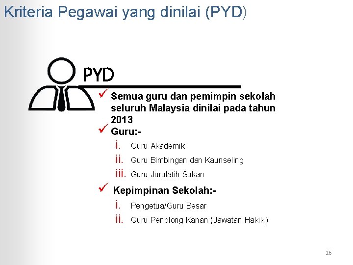 Kriteria Pegawai yang dinilai (PYD) PYD ü Semua guru dan pemimpin sekolah seluruh Malaysia