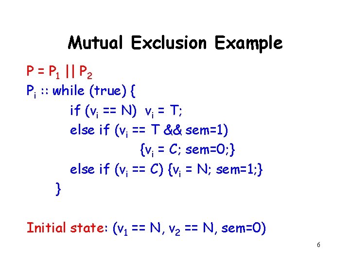 Mutual Exclusion Example P = P 1 || P 2 Pi : : while