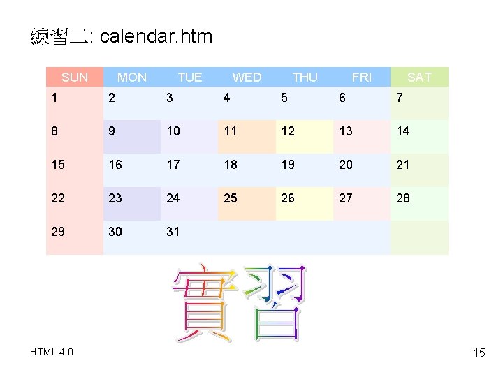 練習二: calendar. htm SUN MON TUE WED THU FRI SAT 1 2 3 4