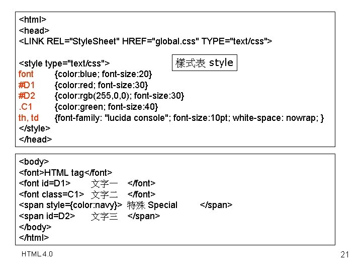 <html> <head> <LINK REL="Style. Sheet" HREF="global. css" TYPE="text/css"> 樣式表 style <style type="text/css"> font {color: