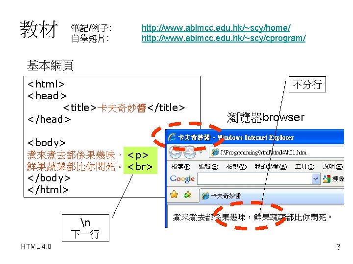 教材 筆記/例子: 自學短片: http: //www. ablmcc. edu. hk/~scy/home/ http: //www. ablmcc. edu. hk/~scy/cprogram/ 基本網頁