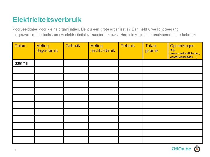 Elektriciteitsverbruik Voorbeeldtabel voor kleine organisaties. Bent u een grote organisatie? Dan hebt u wellicht