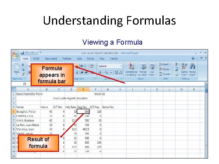 Understanding Formulas Viewing a Formula appears in formula bar Result of formula Understanding Formulas Viewing a Formula appears in formula bar Result of formula