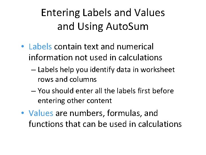 Entering Labels and Values and Using Auto. Sum • Labels contain text and numerical Entering Labels and Values and Using Auto. Sum • Labels contain text and numerical