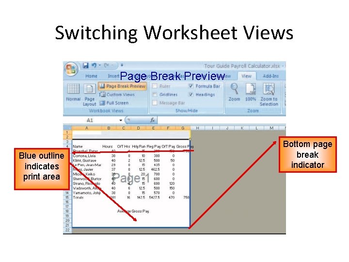 Switching Worksheet Views Page Break Preview Blue outline indicates print area Bottom page break Switching Worksheet Views Page Break Preview Blue outline indicates print area Bottom page break