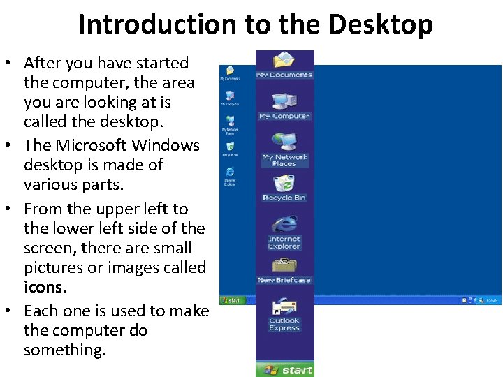 Introduction to the Desktop • After you have started the computer, the area you Introduction to the Desktop • After you have started the computer, the area you