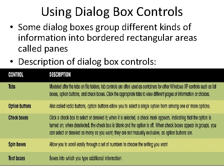 Using Dialog Box Controls • Some dialog boxes group different kinds of information into Using Dialog Box Controls • Some dialog boxes group different kinds of information into