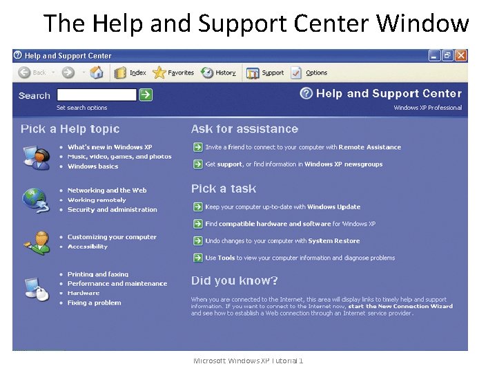 The Help and Support Center Window New Perspectives on Microsoft Windows XP Tutorial 1 The Help and Support Center Window New Perspectives on Microsoft Windows XP Tutorial 1