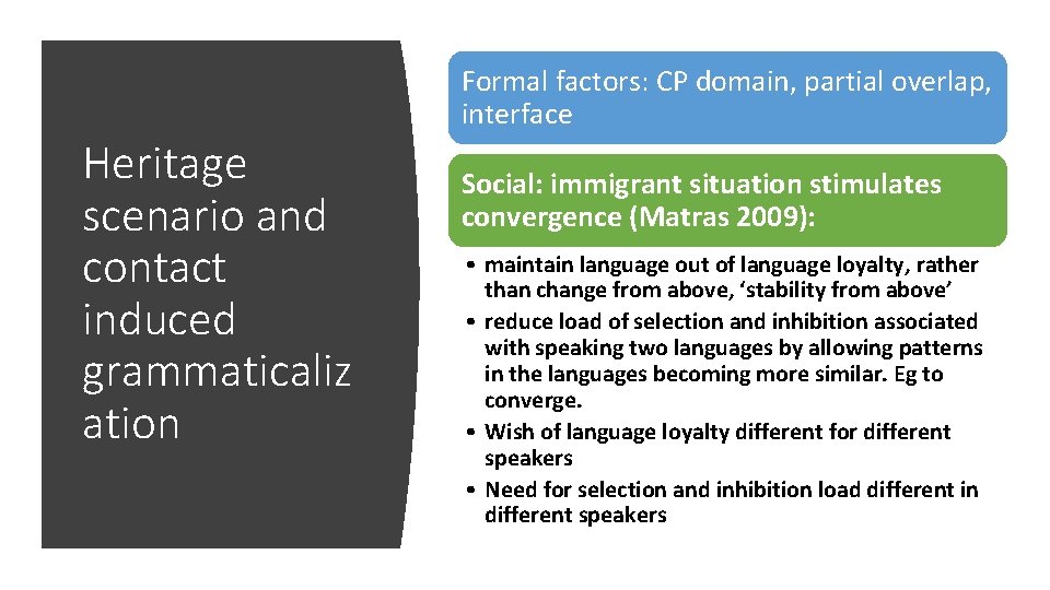 Formal factors: CP domain, partial overlap, interface Heritage scenario and contact induced grammaticaliz ation