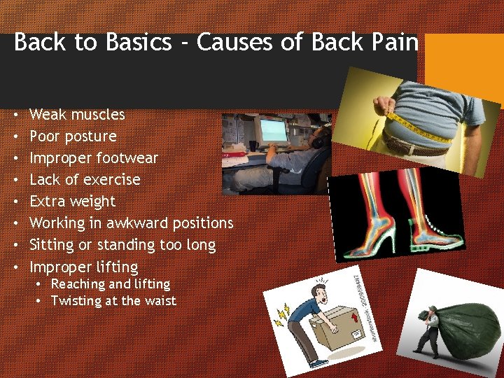 Back to Basics - Causes of Back Pain • • Weak muscles Poor posture