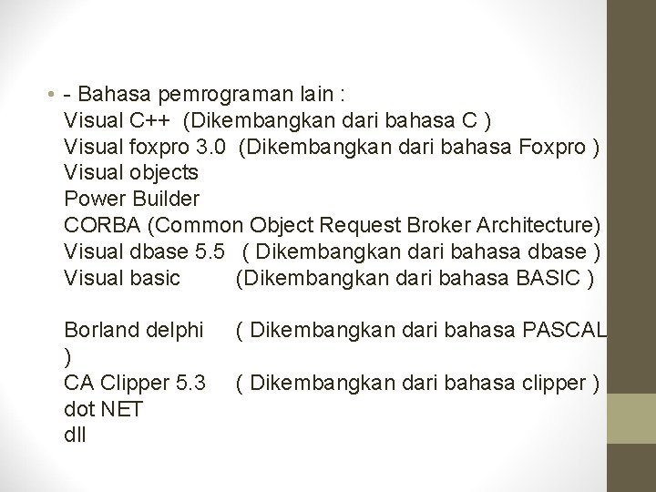  • - Bahasa pemrograman lain : Visual C++ (Dikembangkan dari bahasa C )
