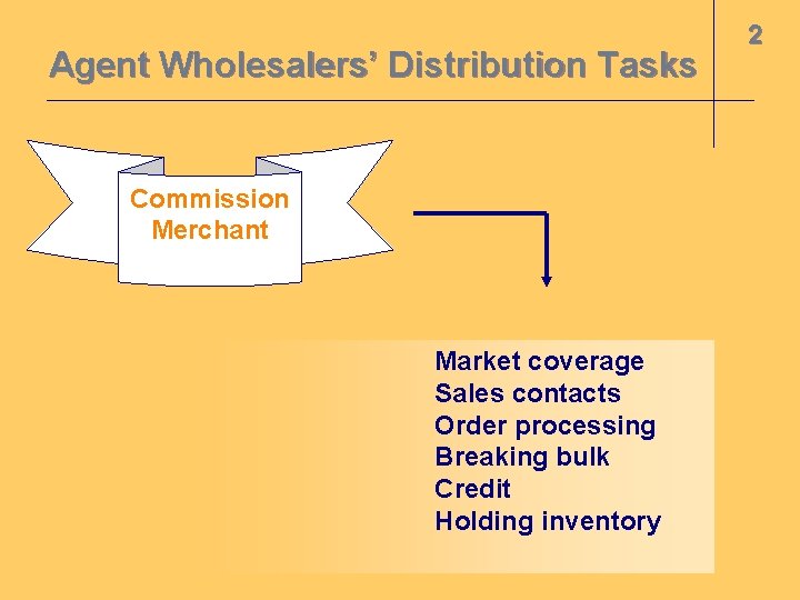 Agent Wholesalers’ Distribution Tasks Commission Merchant Market coverage Sales contacts Order processing Breaking bulk