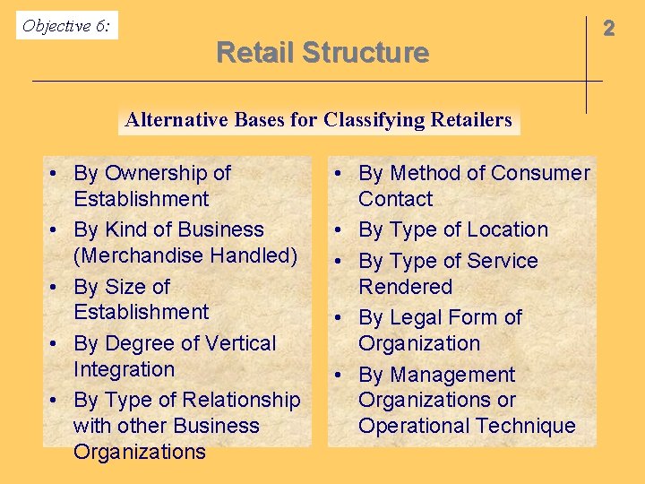 Objective 6: Retail Structure Alternative Bases for Classifying Retailers • By Ownership of Establishment