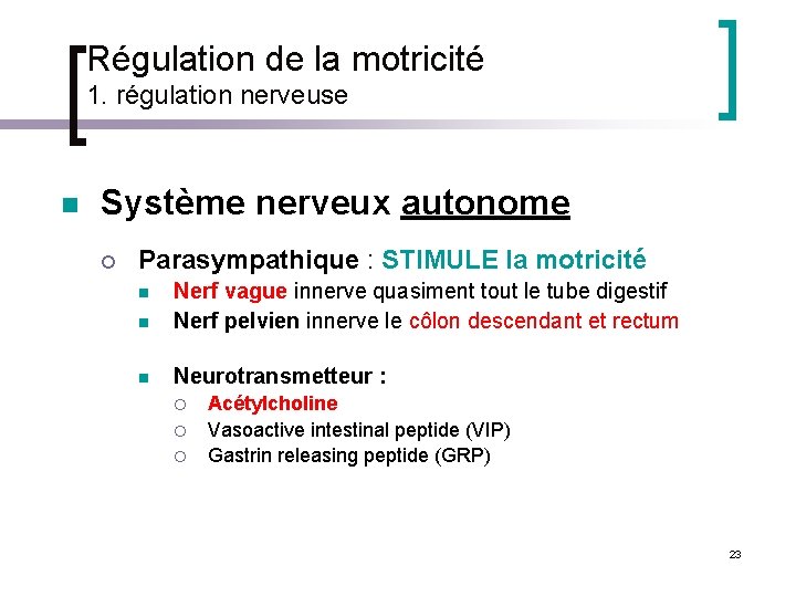 Régulation de la motricité 1. régulation nerveuse n Système nerveux autonome ¡ Parasympathique :