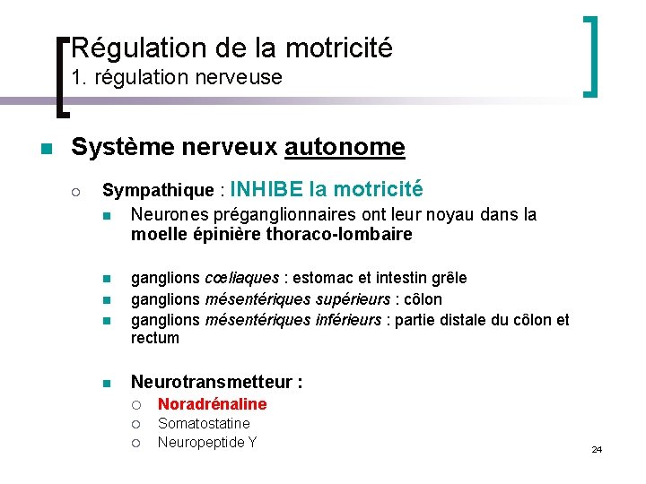 Régulation de la motricité 1. régulation nerveuse n Système nerveux autonome ¡ Sympathique :