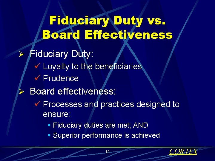 Fiduciary Duty vs. Board Effectiveness Ø Fiduciary Duty: ü Loyalty to the beneficiaries ü