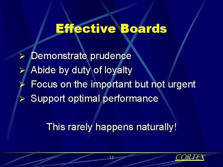 Effective Boards Ø Demonstrate prudence Ø Abide by duty of loyalty Ø Focus on