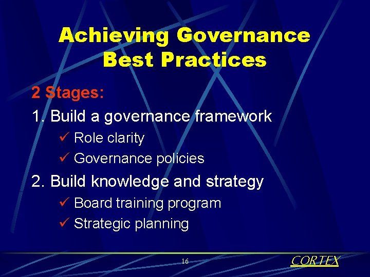 Achieving Governance Best Practices 2 Stages: 1. Build a governance framework ü Role clarity