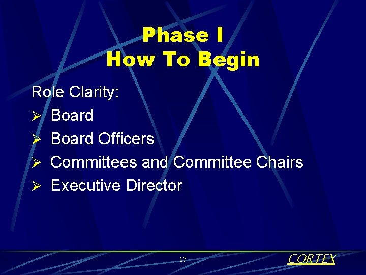 Phase I How To Begin Role Clarity: Ø Board Officers Ø Committees and Committee