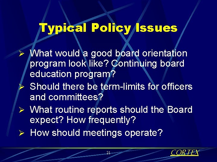 Typical Policy Issues Ø What would a good board orientation program look like? Continuing