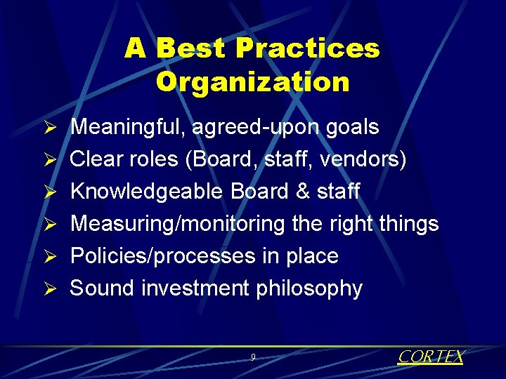 A Best Practices Organization Ø Meaningful, agreed-upon goals Ø Clear roles (Board, staff, vendors)