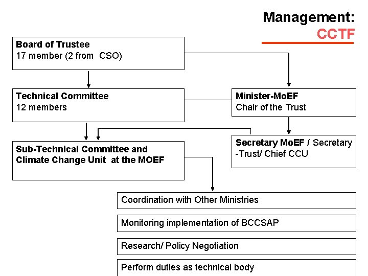 Management: CCTF Board of Trustee 17 member (2 from CSO) Minister-Mo. EF Chair of