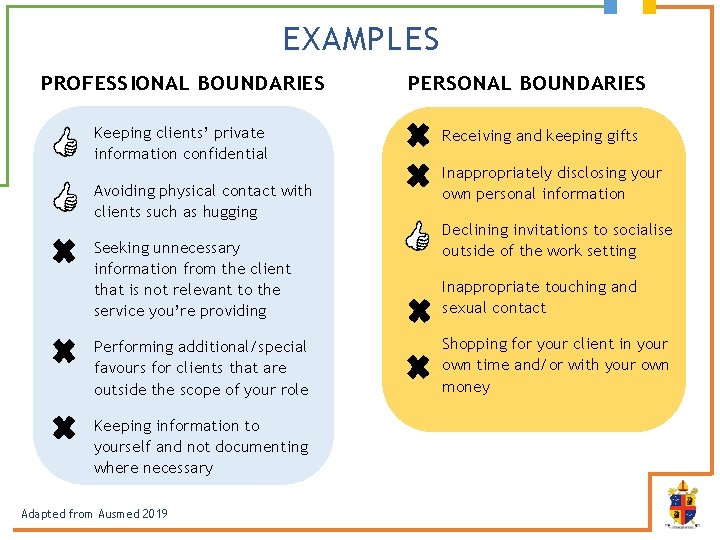 EXAMPLES PROFESSIONAL BOUNDARIES Keeping clients’ private information confidential Avoiding physical contact with clients such