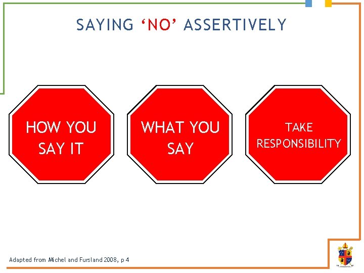 SAYING ‘NO’ ASSERTIVELY HOW YOU SAY IT Adapted from Michel and Fursland 2008, p