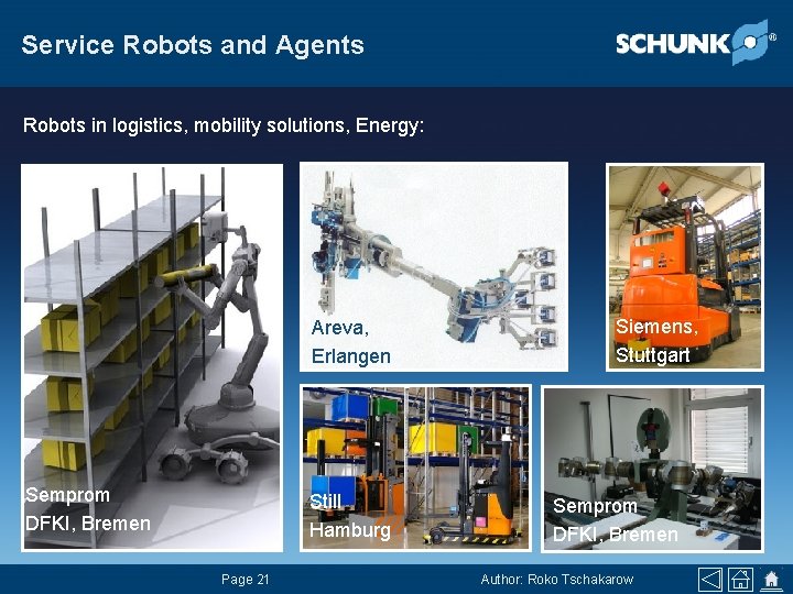 Service Robots and Agents Robots in logistics, mobility solutions, Energy: Areva, Erlangen Semprom DFKI,